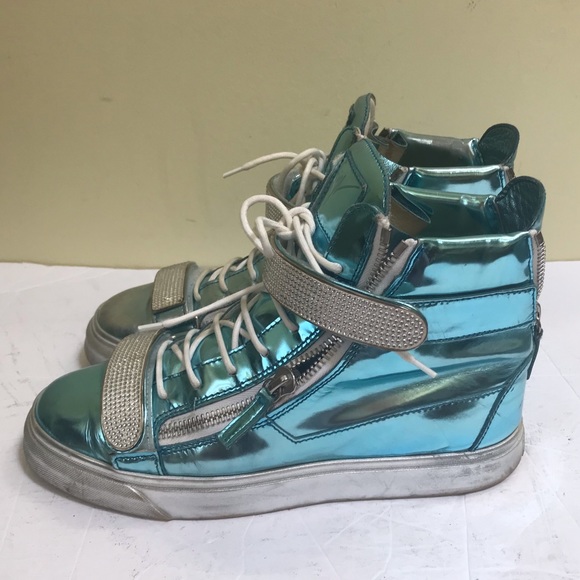 Giuseppe Zanotti Donna Metallic Patent Leather High Top Sneakers Shoes Crystals - Picture 4 of 17